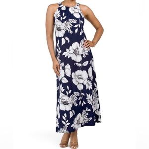 Anne Klein Floral Maxi Dress Navy Blue White Stretchy Size 10